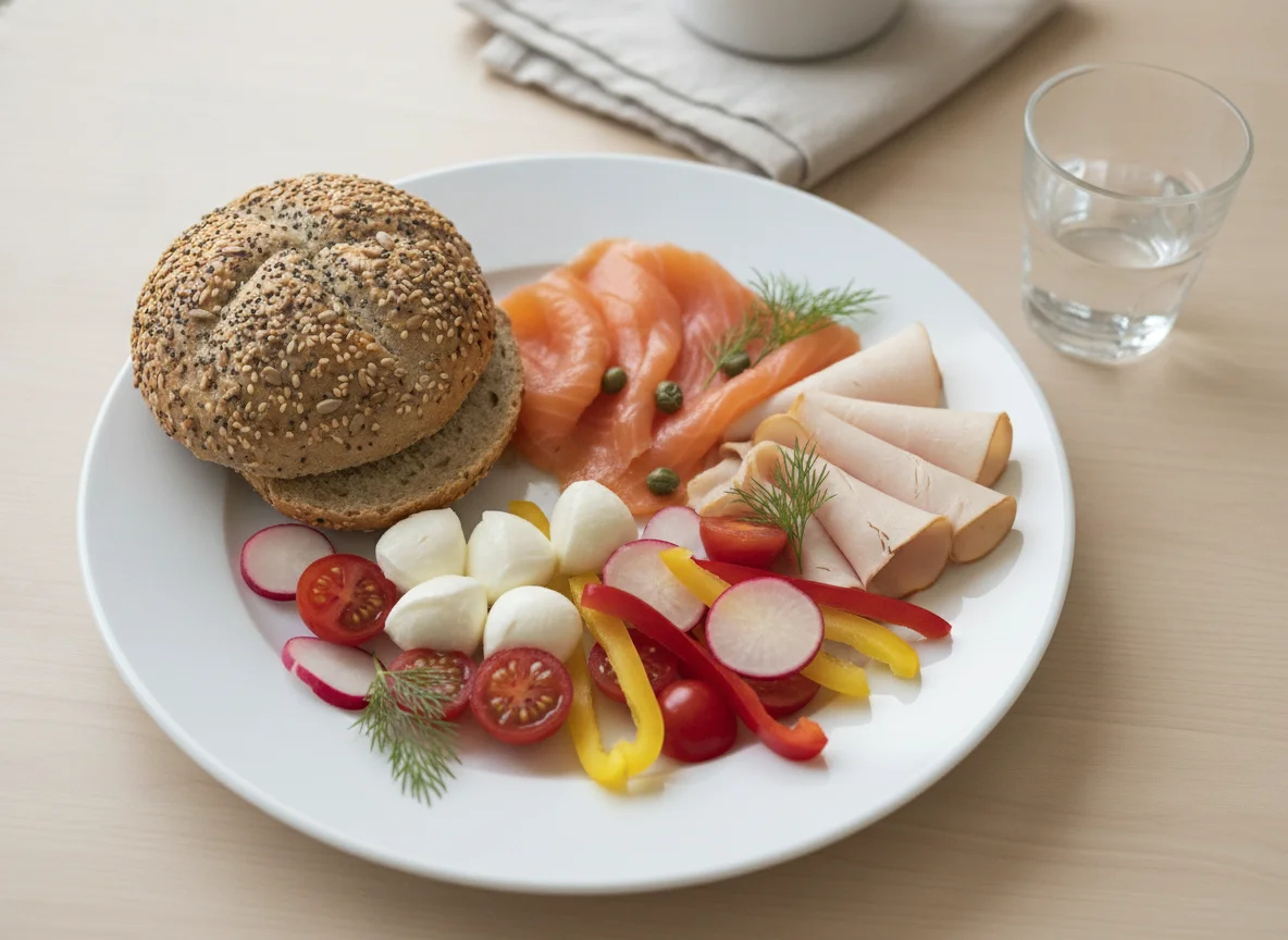Breakfast plate with seeded roll, cold cuts, and vegetables photo