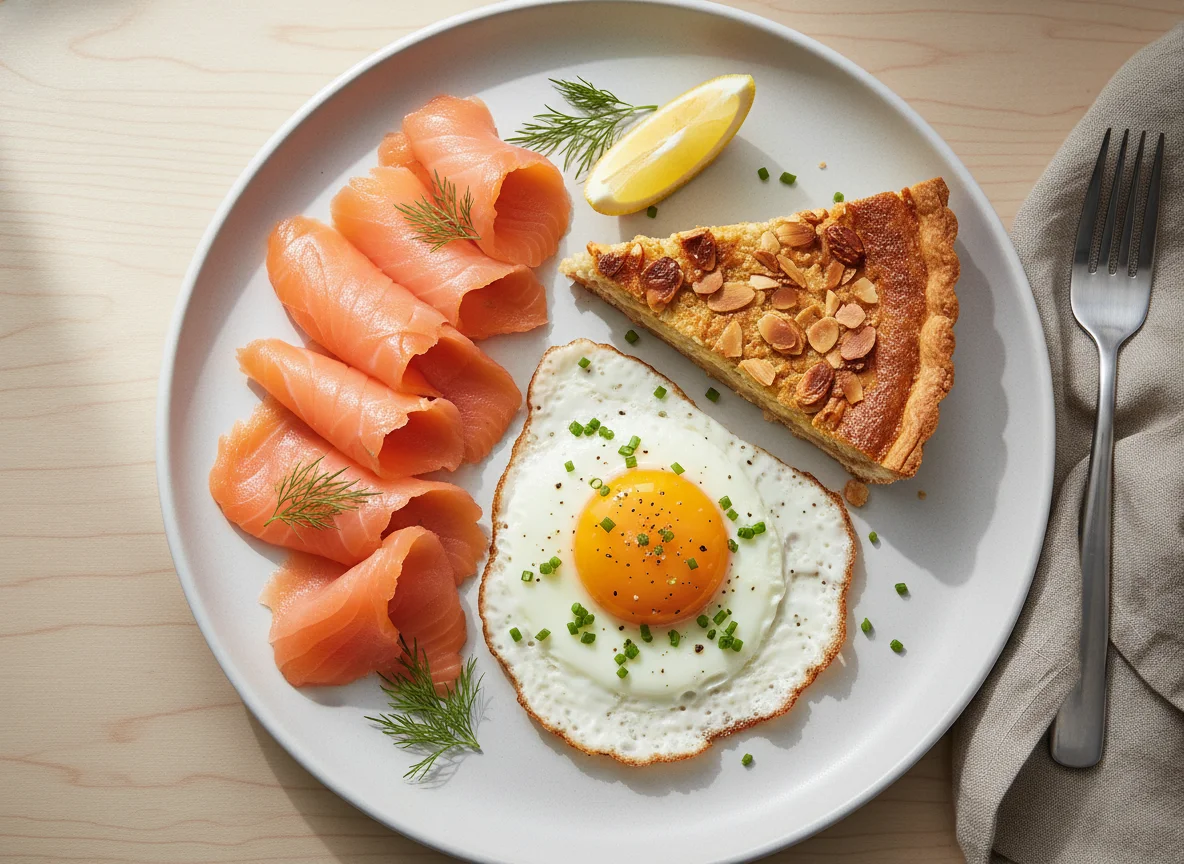 Breakfast Plate with Smoked Salmon, Egg, and Almond Tart photo