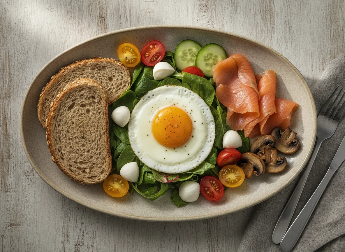 Breakfast plate with smoked salmon, fried egg, and vegetables photo