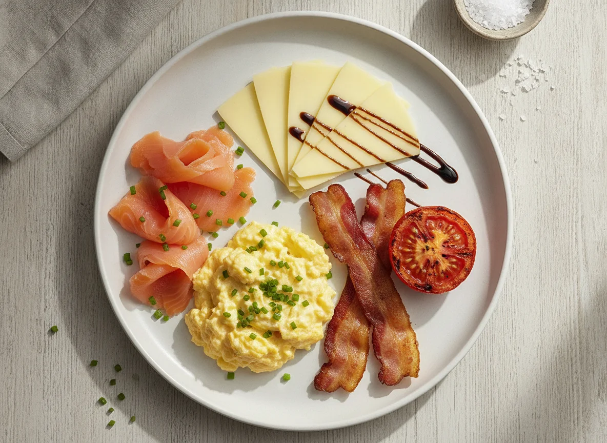 Breakfast plate with smoked salmon, scrambled eggs, and bacon photo