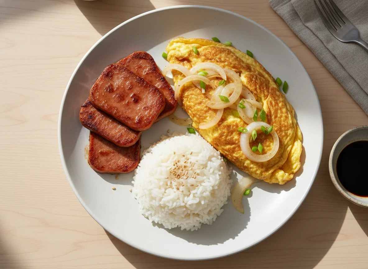 Breakfast Plate with Spam, Omelette, and Rice photo