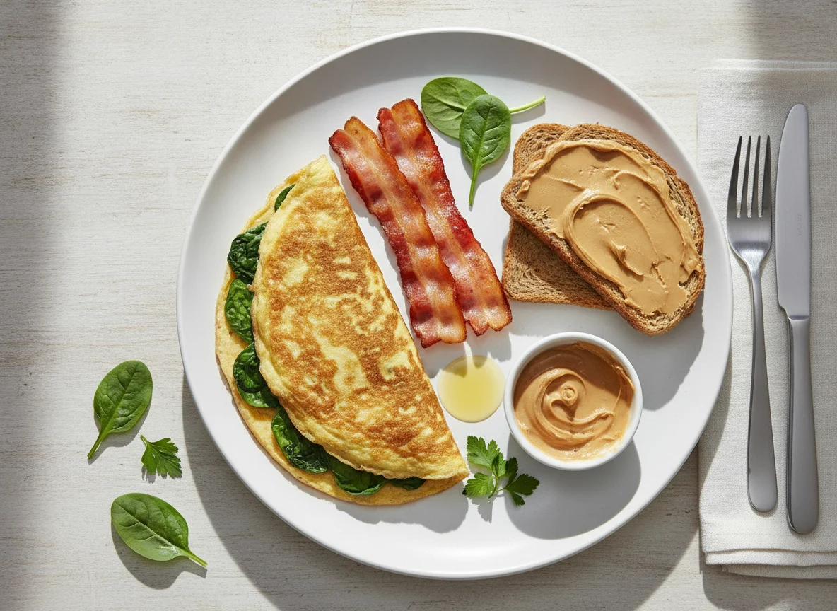 Breakfast plate with spinach omelette, bacon, and peanut butter toast photo