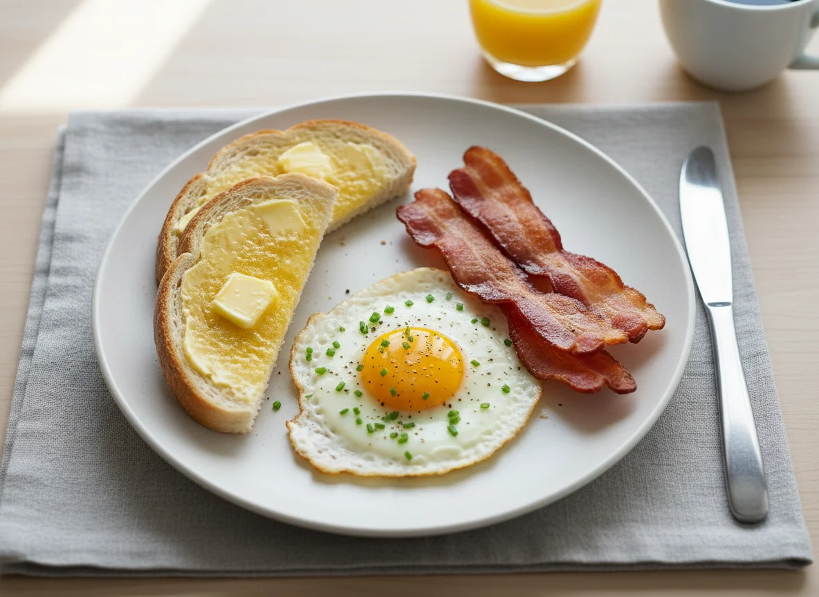 Breakfast Plate with Toast, Bacon, and Fried Egg photo