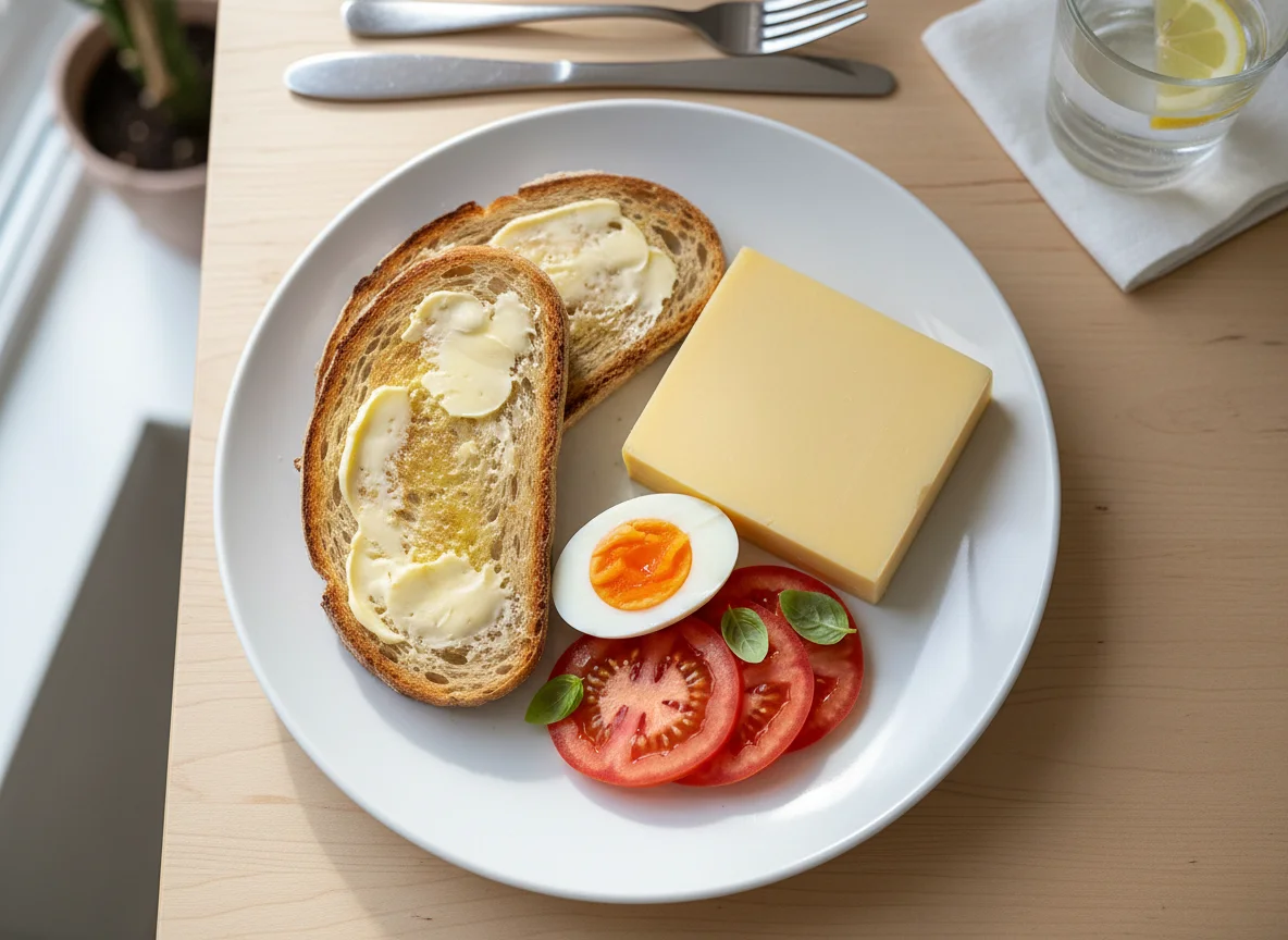 Breakfast plate with toast, cheese, egg, and tomato photo