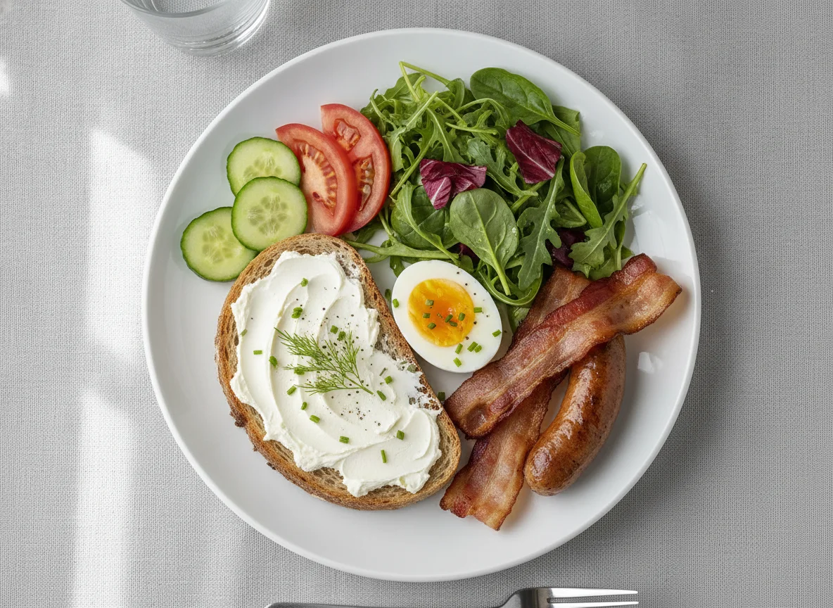 Breakfast plate with toast, egg, and breakfast meats photo