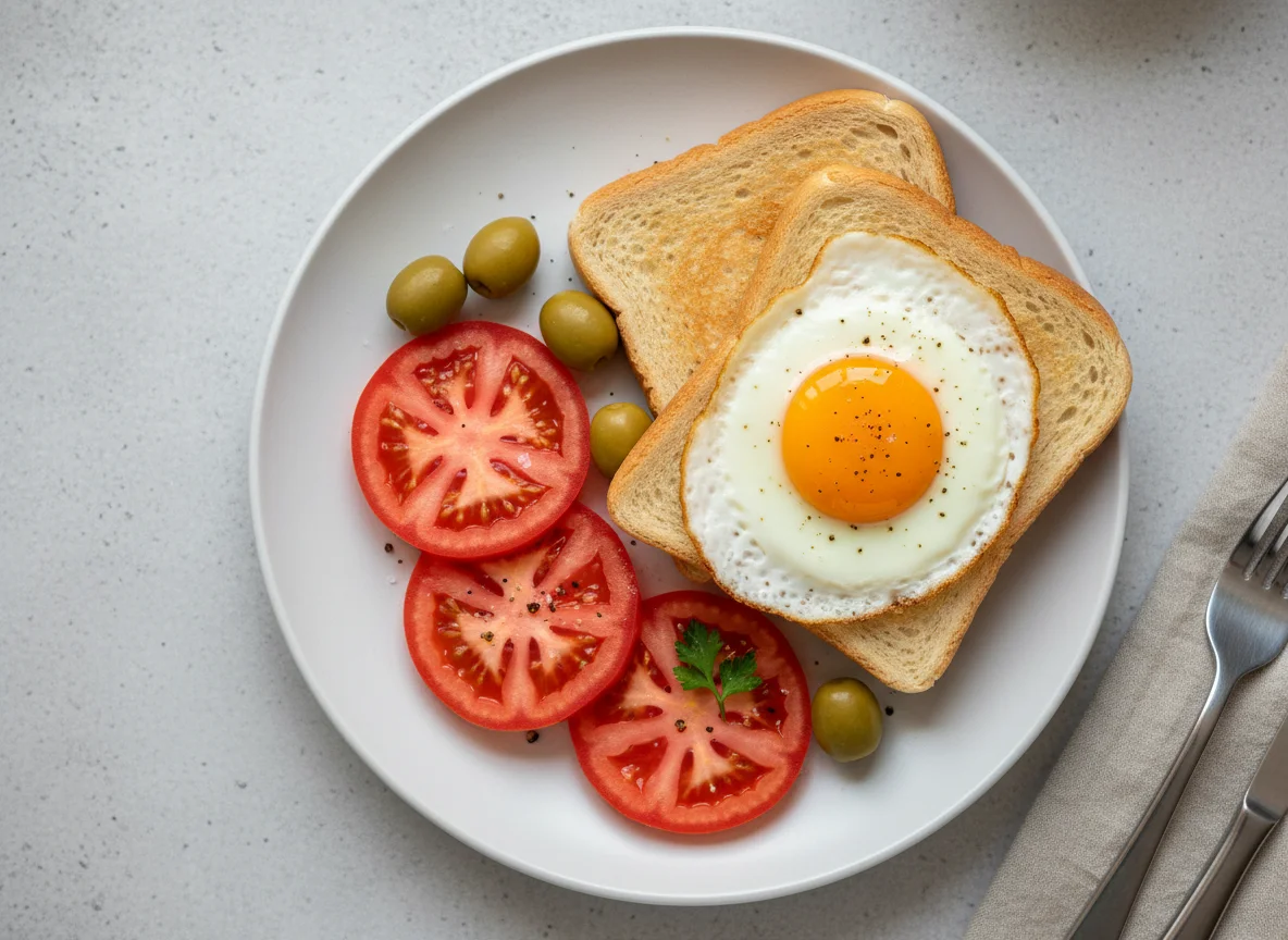 Breakfast plate with toast, egg, tomato, and olives photo