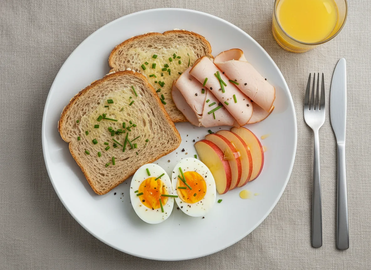 Breakfast Plate with Toast, Eggs, and Apple photo