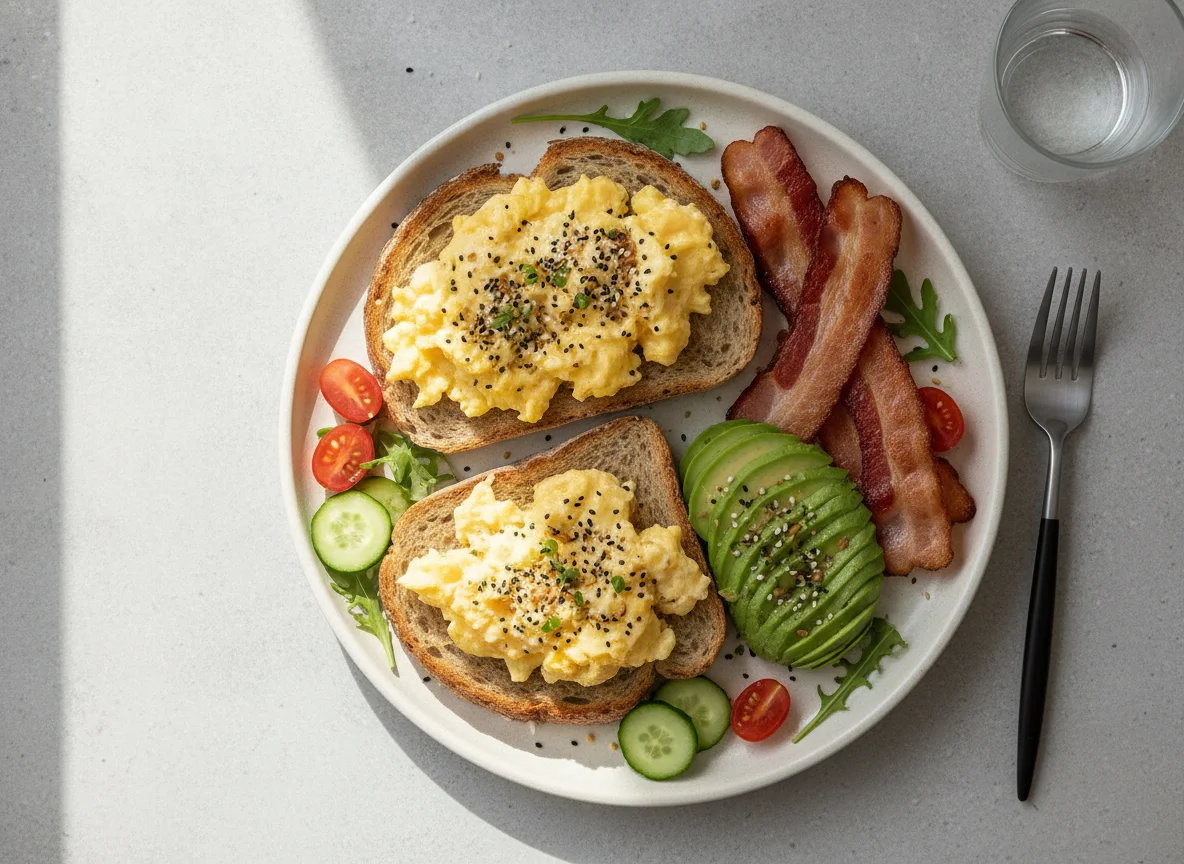 Breakfast plate with toast, eggs, bacon, and avocado photo