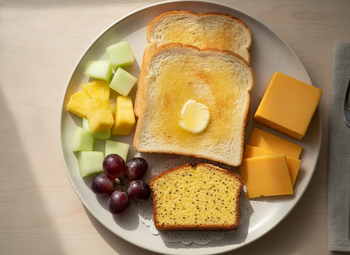 Breakfast plate with toast, fruit, cheese, and cake photo