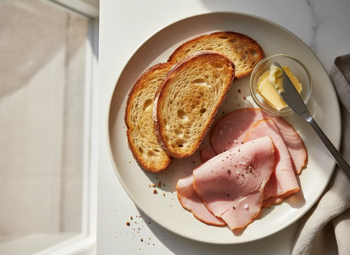 Breakfast plate with toast, ham, and butter photo