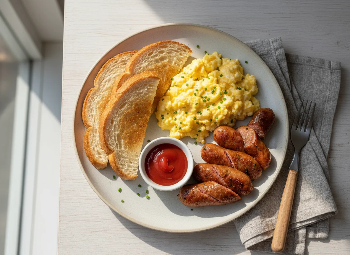 Breakfast Plate with Toast, Scrambled Eggs, and Sausage photo
