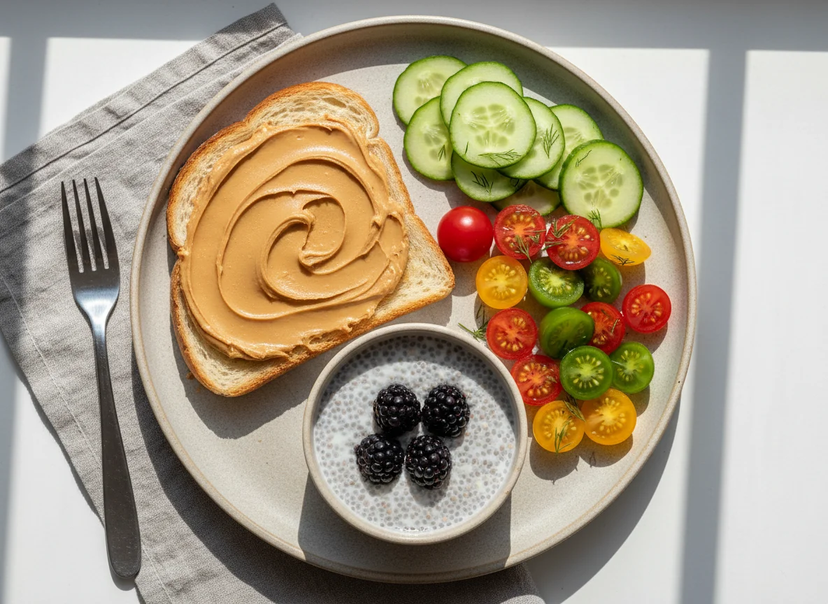 Breakfast plate with toast, vegetables, and chia pudding photo