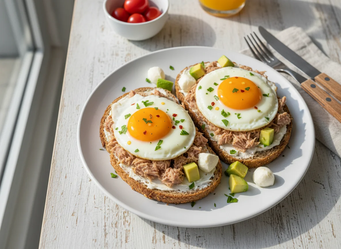 Breakfast plate with tuna toast, egg, avocado, and mozzarella photo