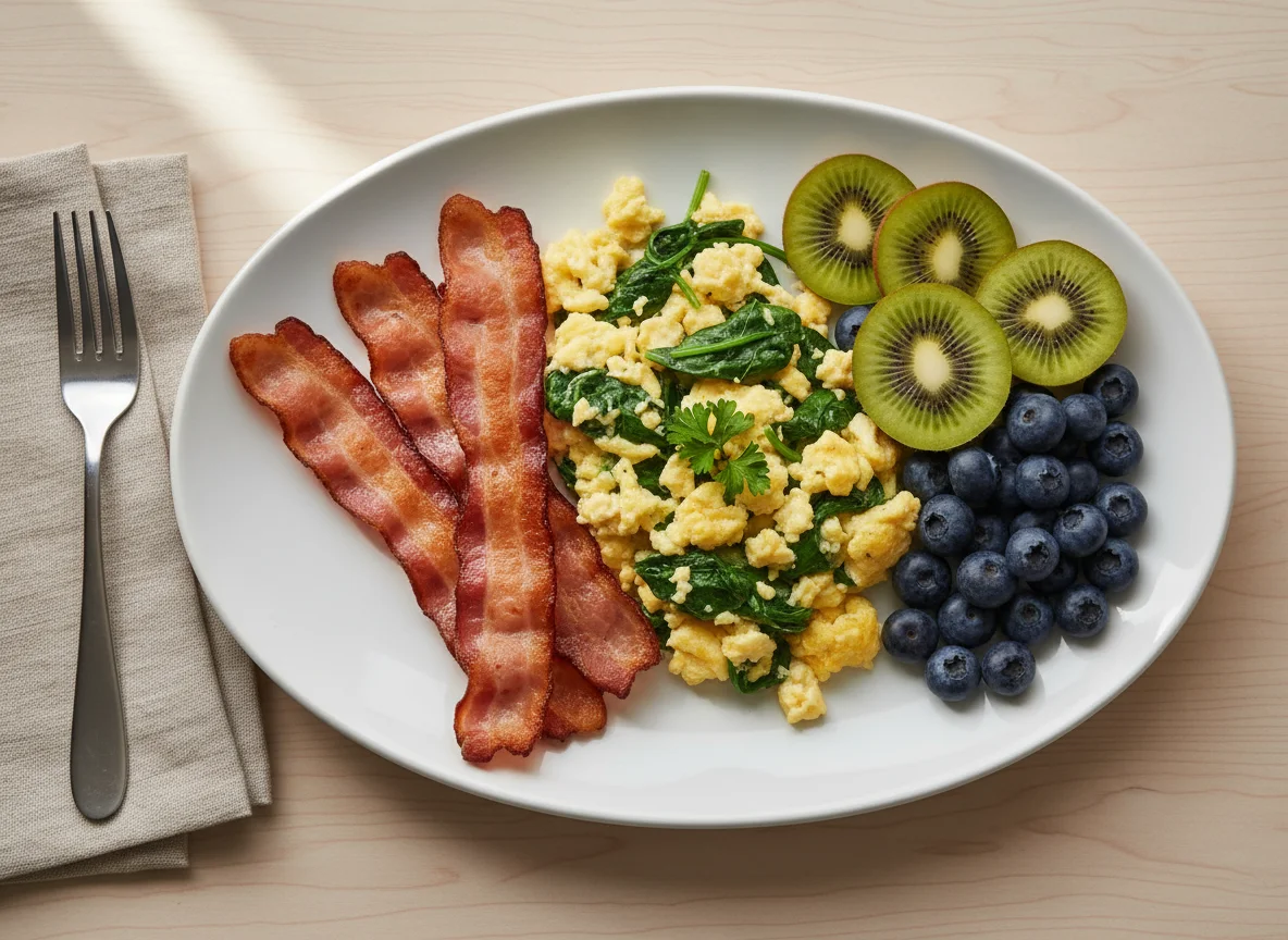 Breakfast Plate with Turkey Bacon, Scrambled Eggs, and Fruit photo