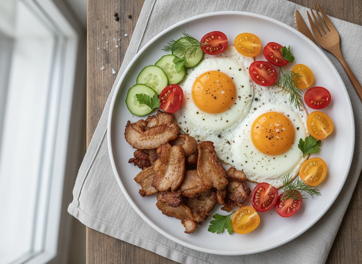 Breakfast Plate with Turkey Fat, Eggs, and Vegetables photo