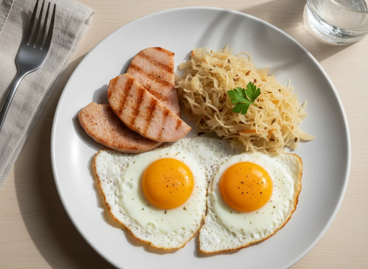 Breakfast Plate with Turkey Ham, Fried Eggs, and Sauerkraut photo