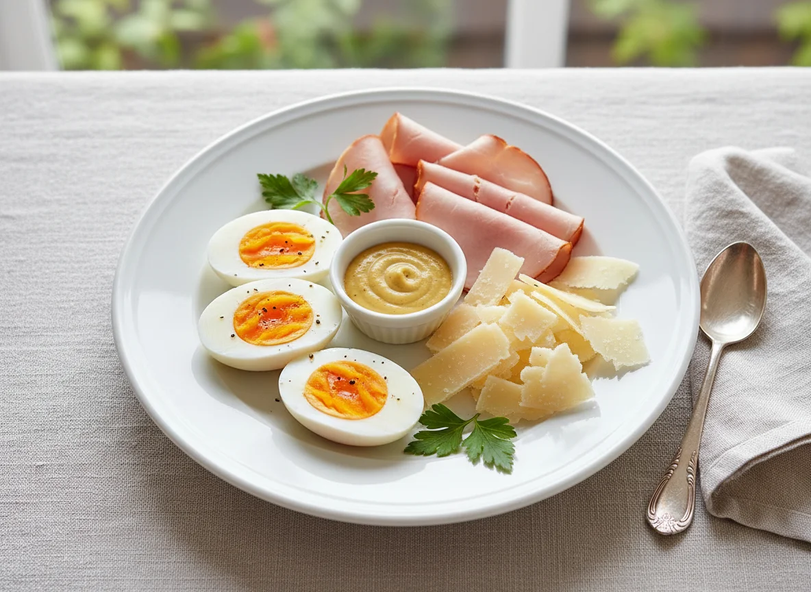 Breakfast Plate with Turkey Ham, Parmigiano Cheese, and Hard-boiled Eggs photo