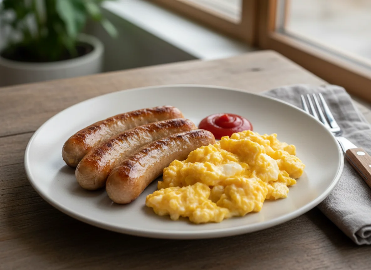 Breakfast Plate with Turkey Sausages and Scrambled Eggs photo