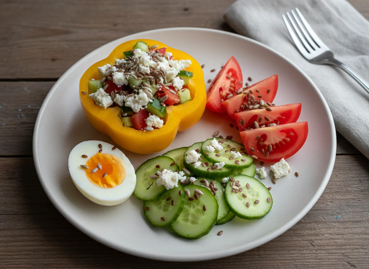 Breakfast plate with vegetables, egg, and stuffed bell pepper photo