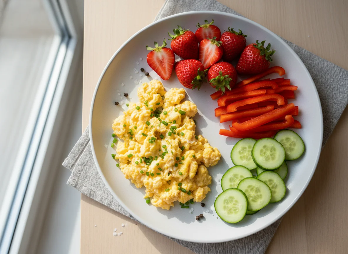 Breakfast plate with vegetables, strawberries, and scrambled eggs photo