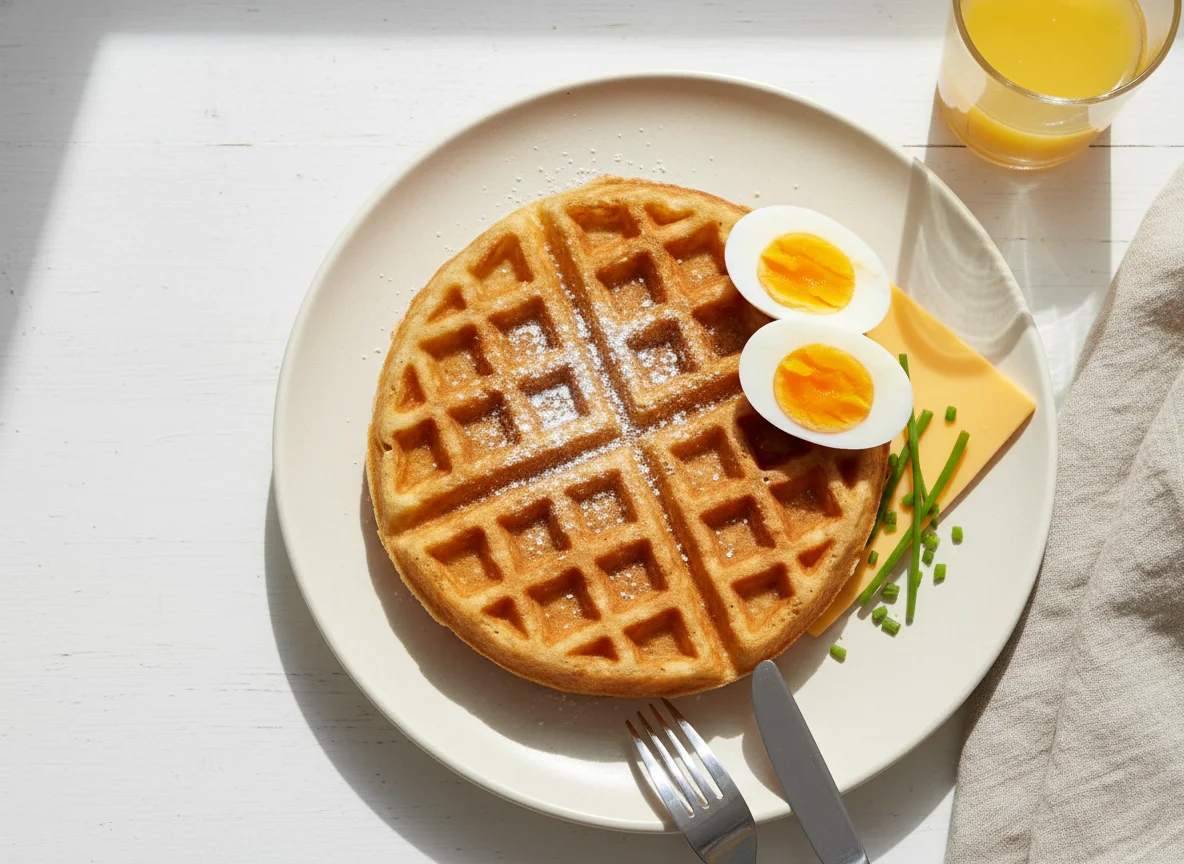 Breakfast plate with waffle, cheese, and egg photo