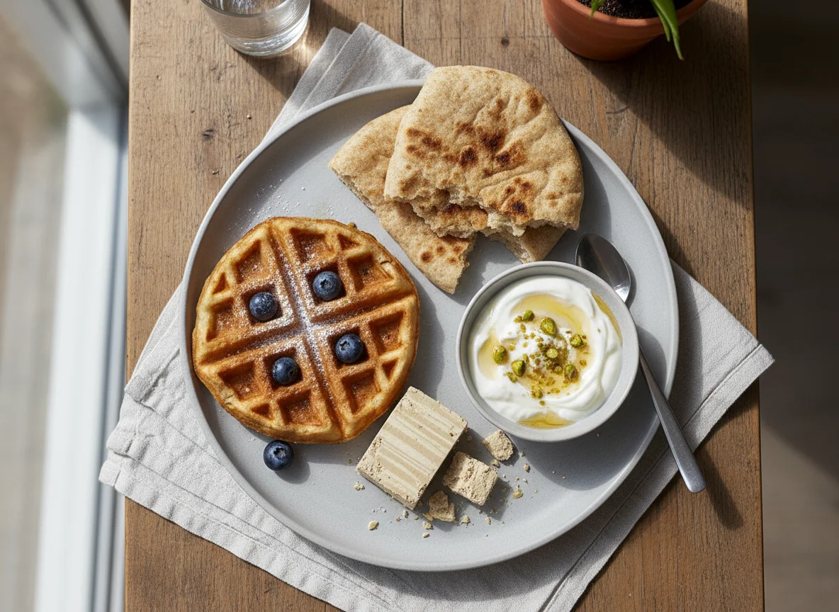 Breakfast plate with waffle, flatbread, halva, and yogurt photo