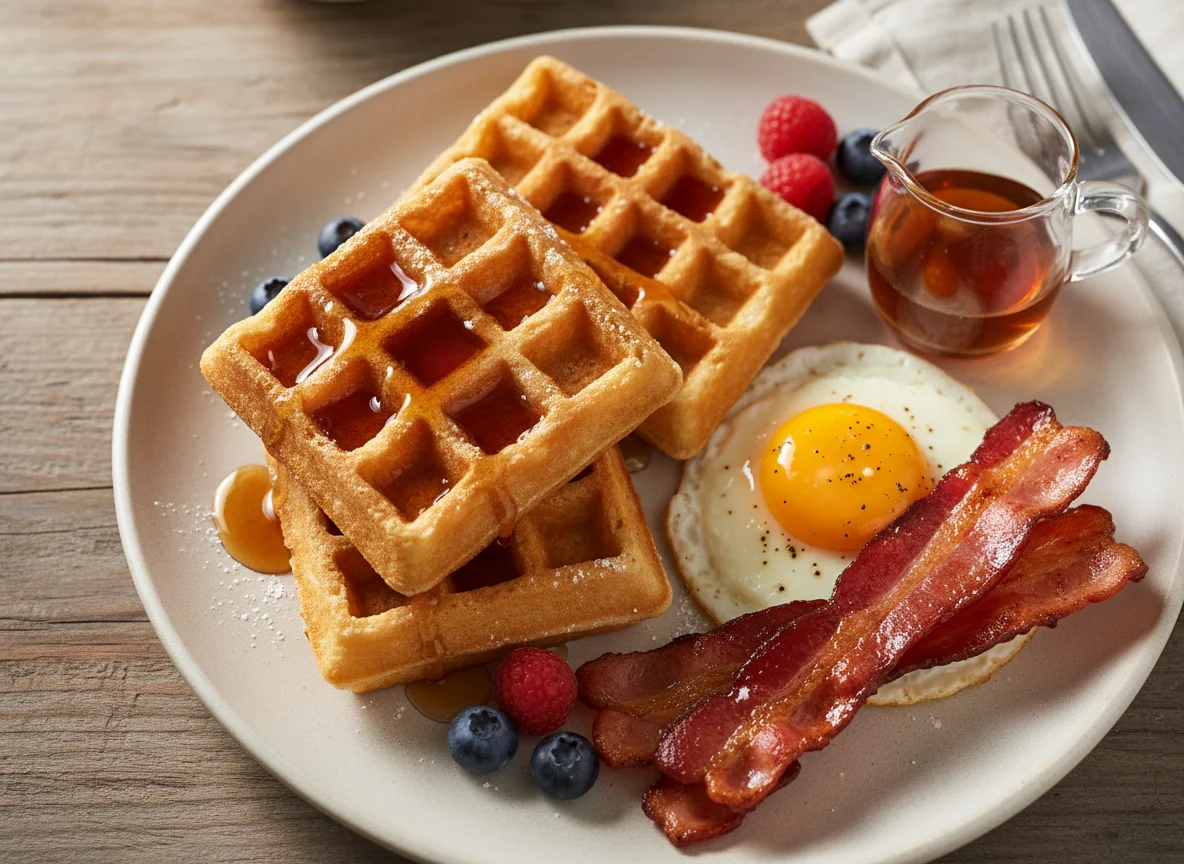 Breakfast Plate with Waffles, Bacon, and Egg photo