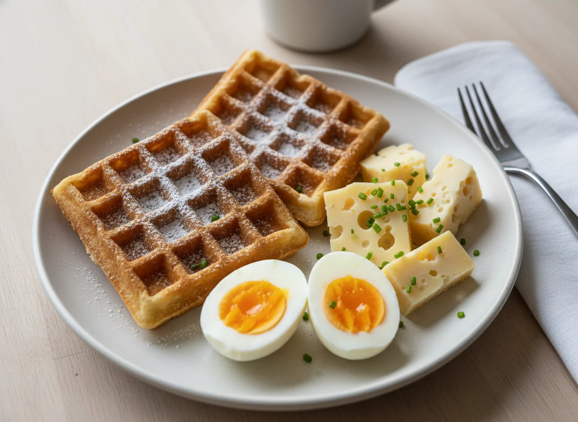 Breakfast plate with waffles, cheese, and egg photo
