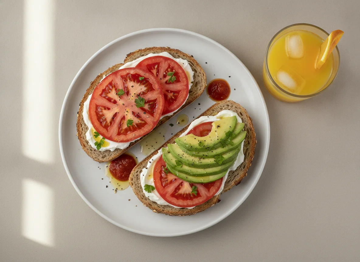 Breakfast plate with whole grain bread, tomato, avocado, and orange juice photo