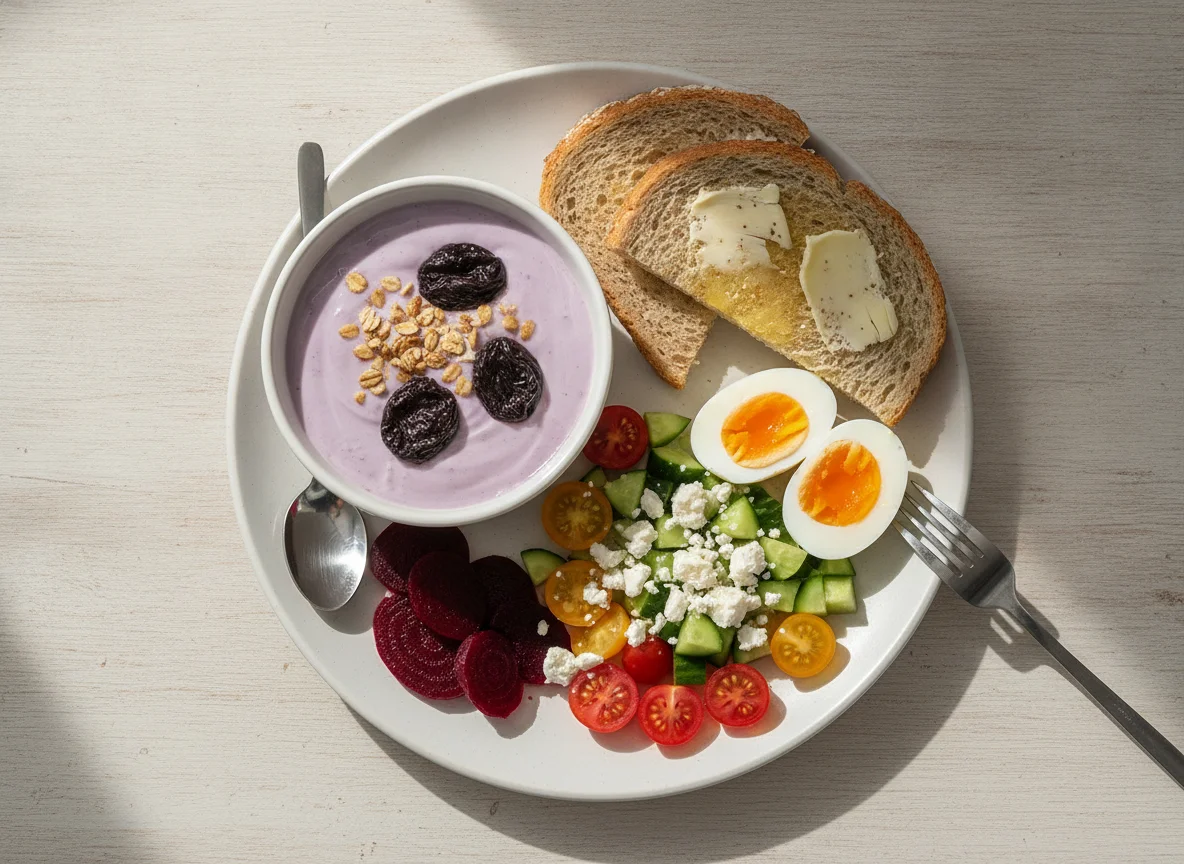 Breakfast plate with yogurt, bread, egg, and vegetables photo