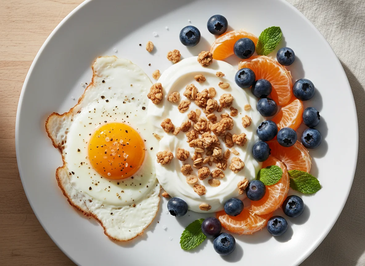 Breakfast Plate with Yogurt, Egg, and Fruit photo