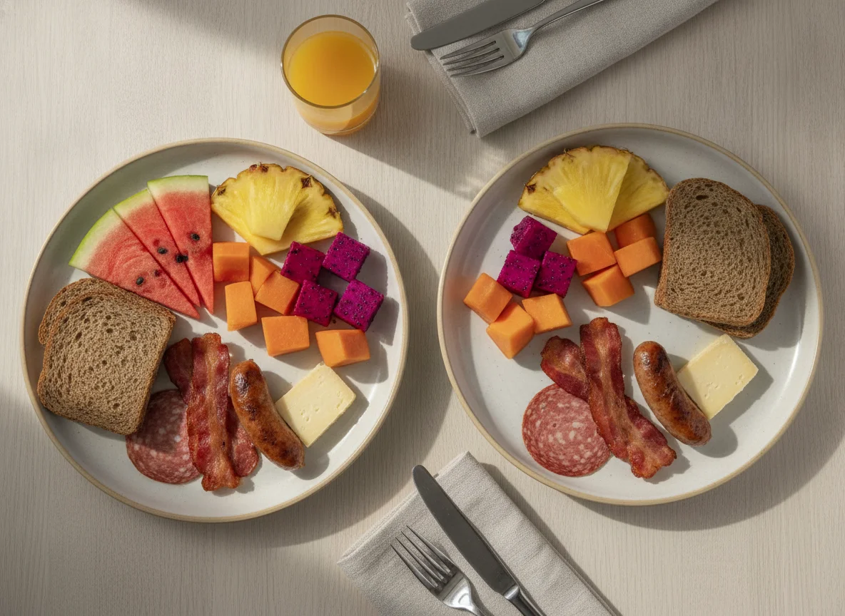 Breakfast plates with fruit, cold cuts, and bacon photo