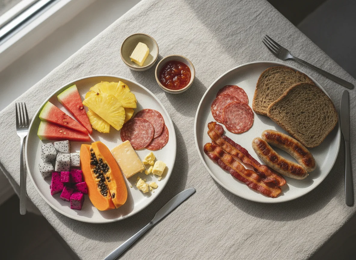 Breakfast plates with fruit, cold cuts, bacon, and bread photo