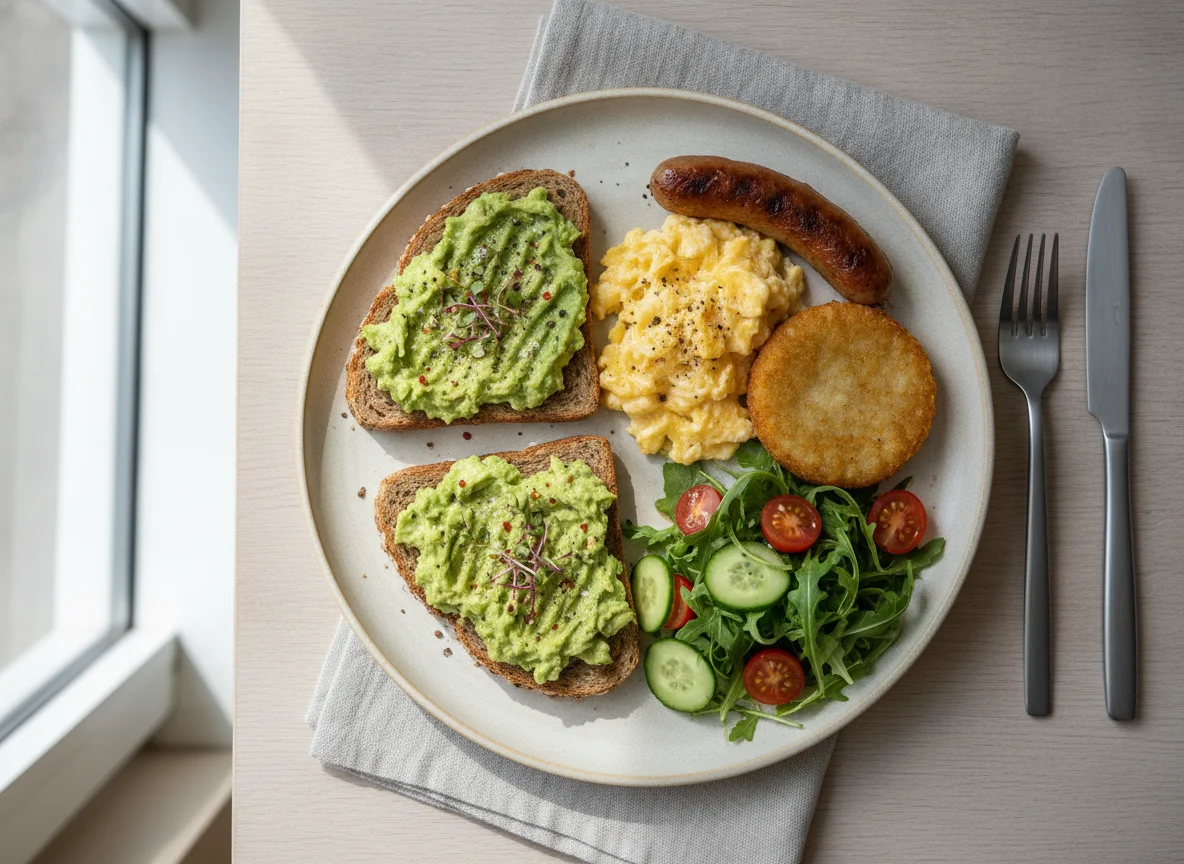 Breakfast Platter with Avocado Toast, Scrambled Eggs, and Sausage photo