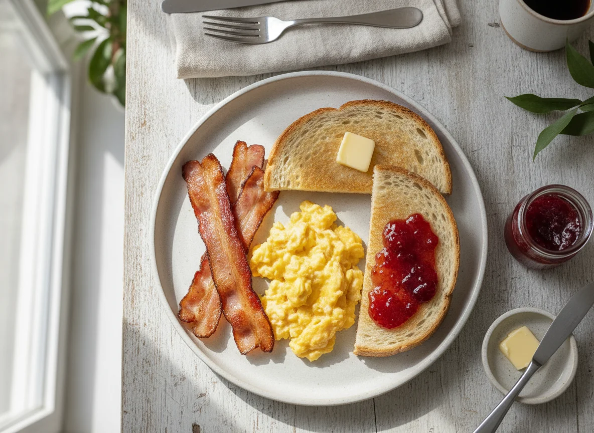 Breakfast Platter with Bacon, Eggs, and Toast photo