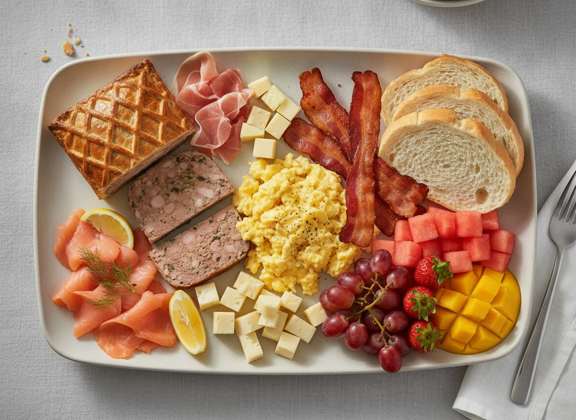 Breakfast platter with bacon, eggs, smoked salmon, and fruit photo