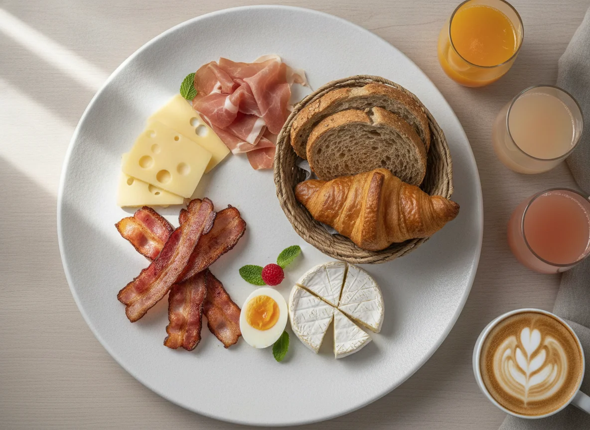 Breakfast platter with bacon, ham, cheese, egg, and beverages photo