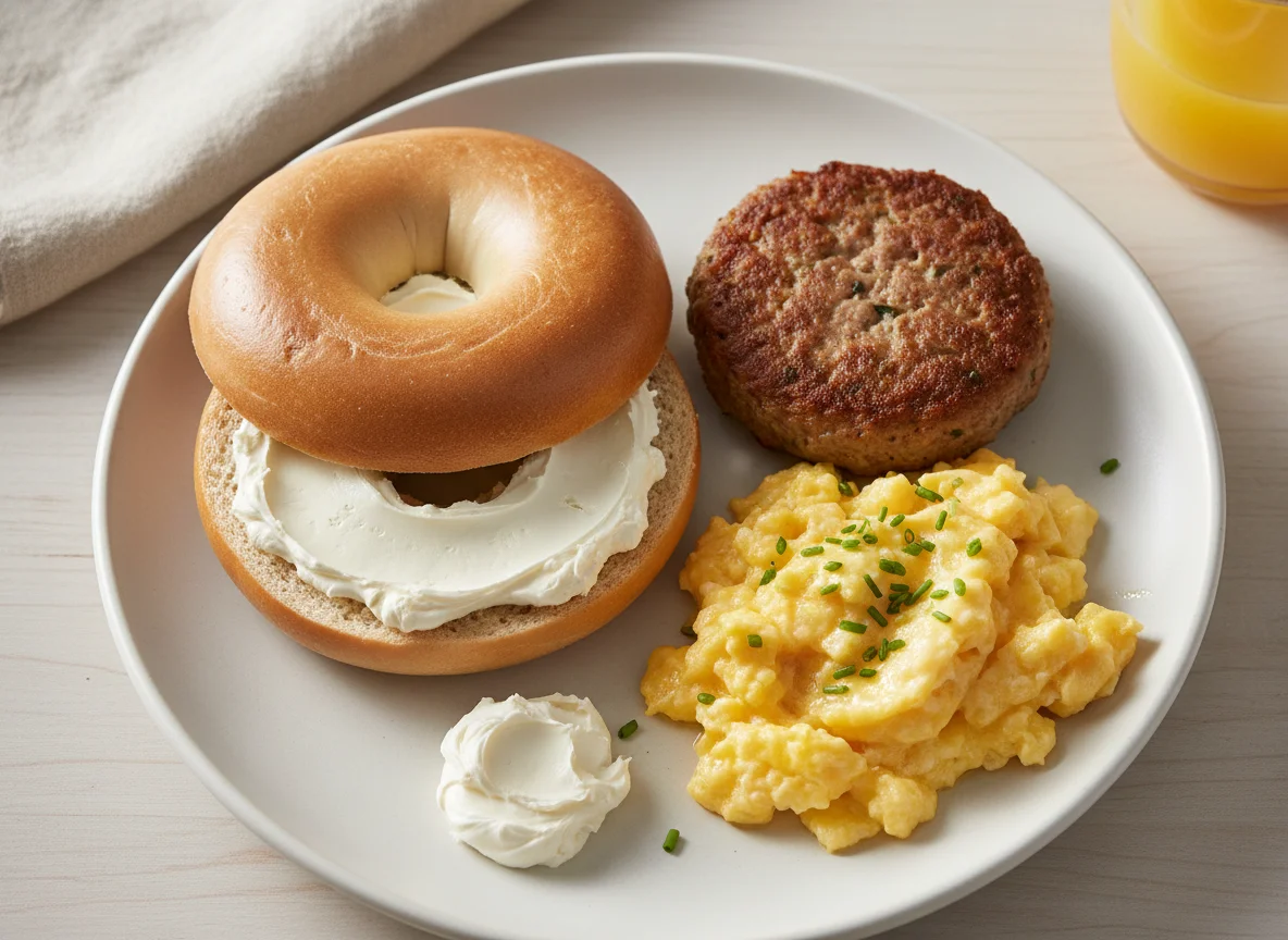Breakfast Platter with Bagel, Sausage, and Scrambled Eggs photo