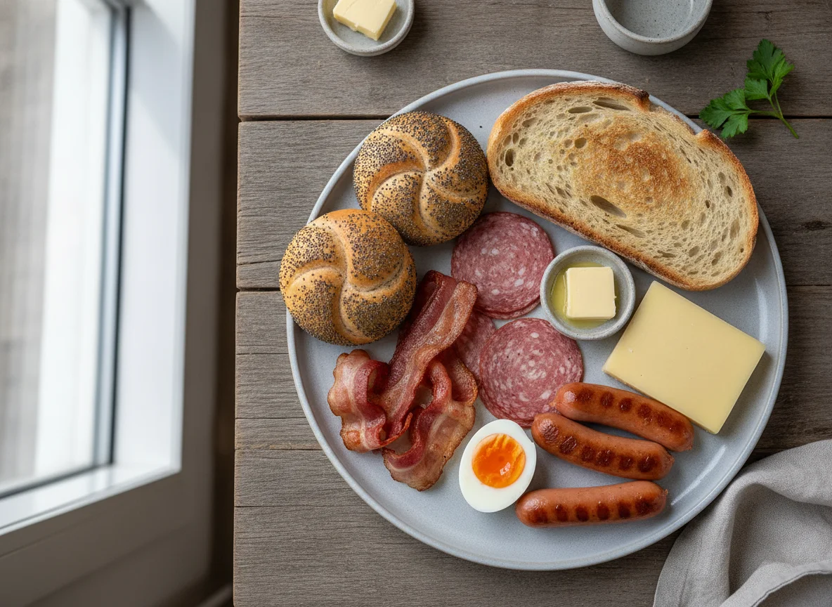 Breakfast platter with bread, bacon, and egg photo