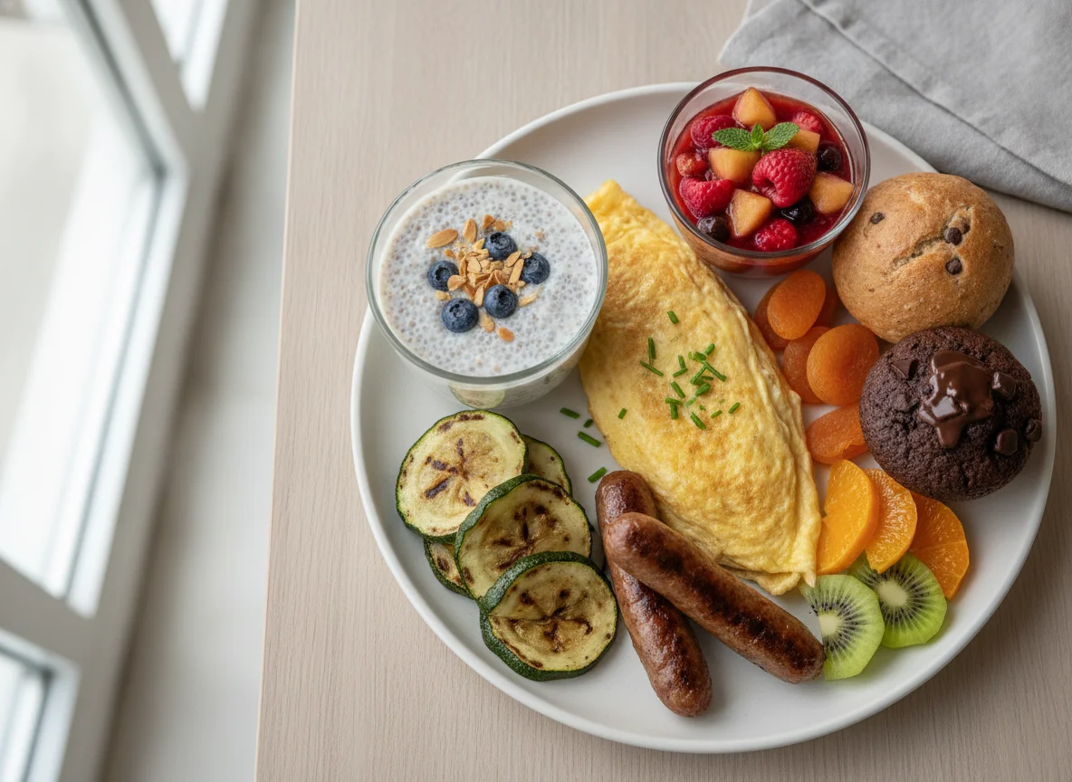 Breakfast platter with chia pudding and omelette photo