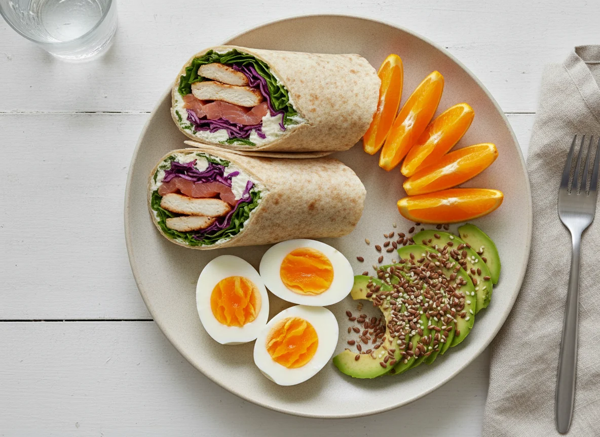 Breakfast platter with chicken wraps, boiled eggs, and orange slices photo