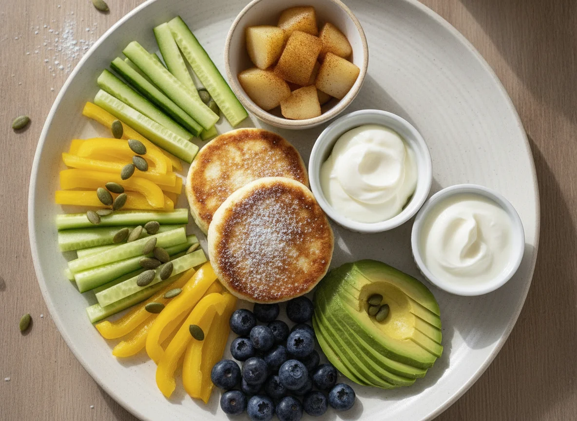 Breakfast platter with cottage cheese pancakes, vegetables, and egg whites photo