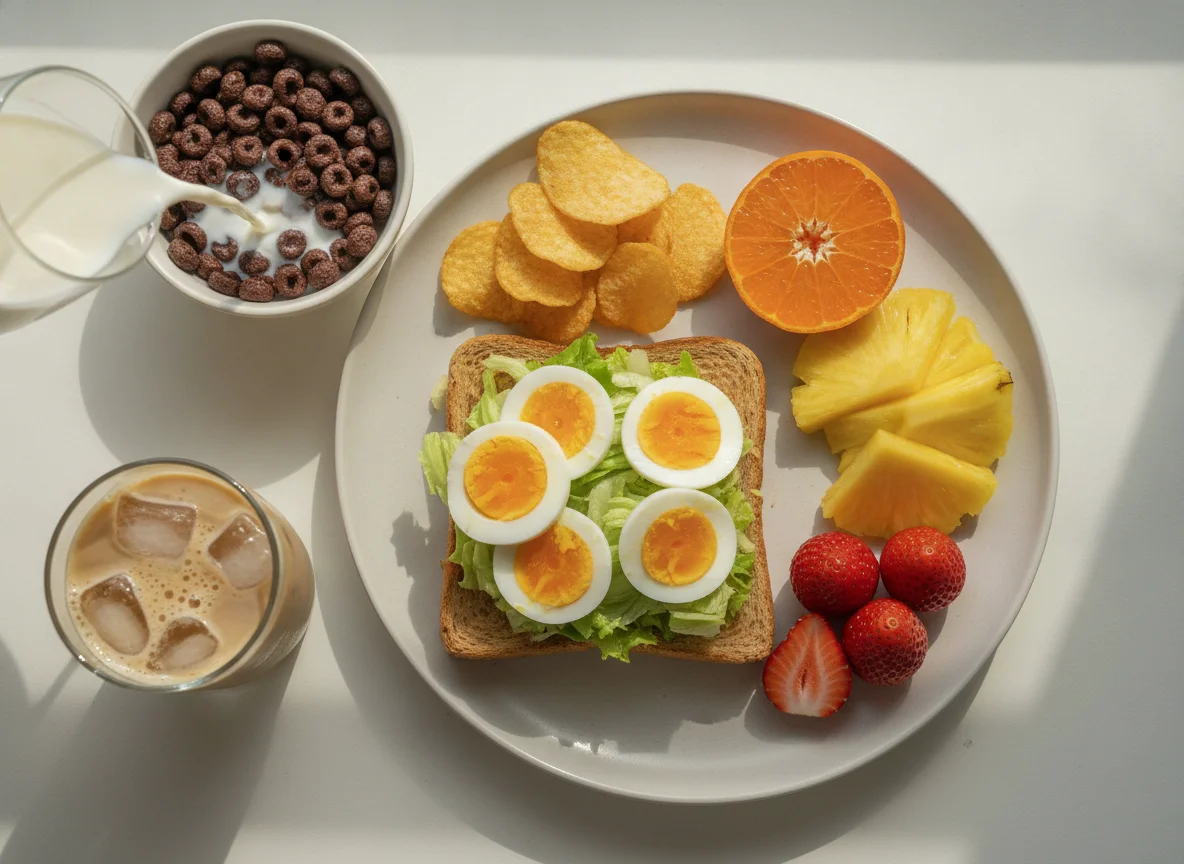 Breakfast platter with egg toast, fruit, chips, and chocolate cereal photo