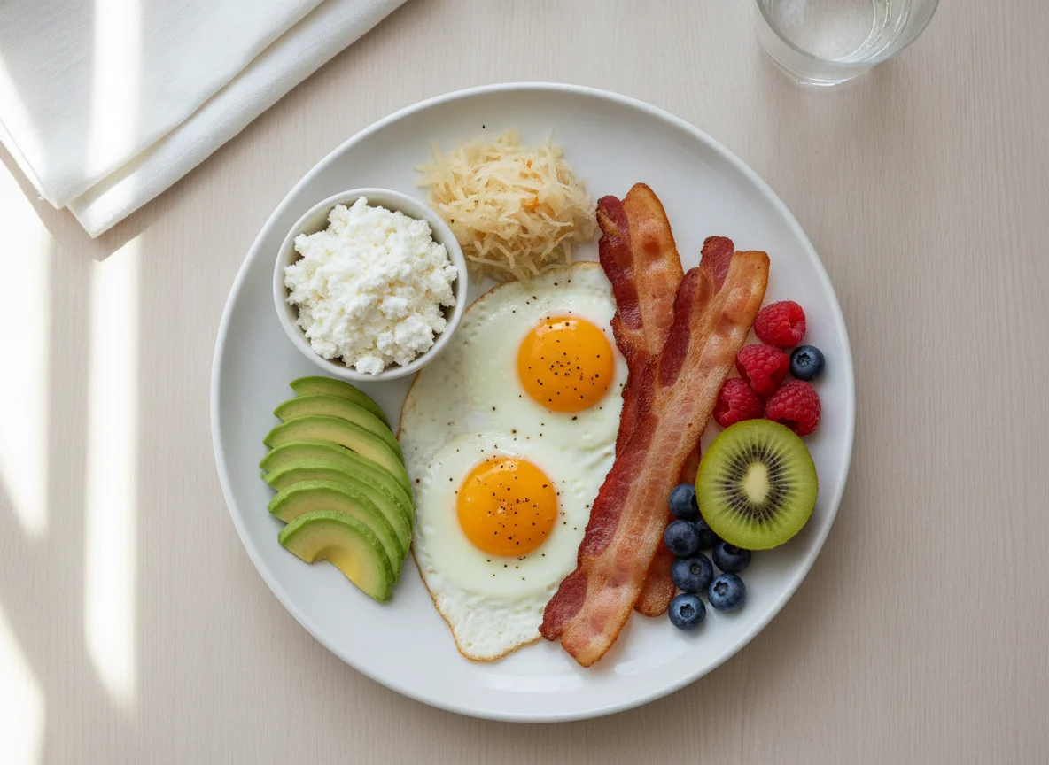 Breakfast platter with eggs, bacon, and fruit photo