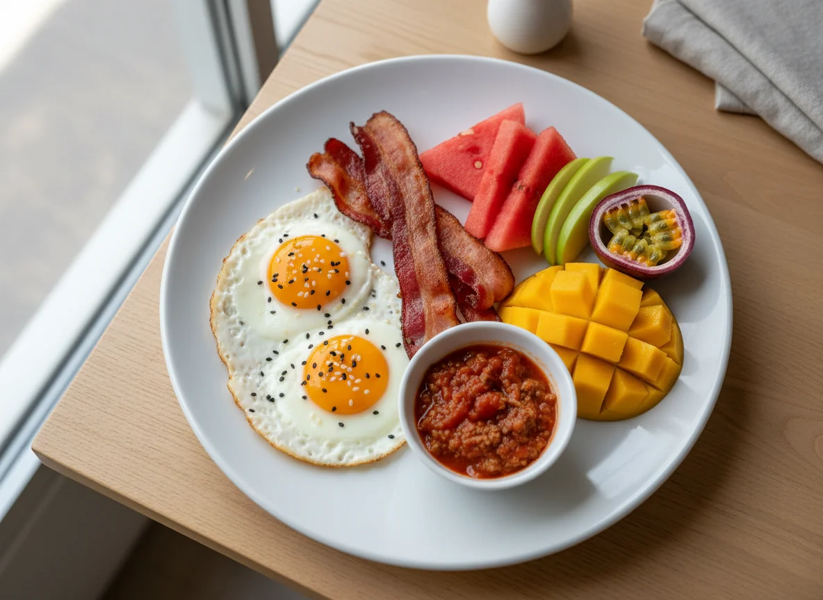 Breakfast Platter with Eggs, Bacon, Fruit, and Sauce photo
