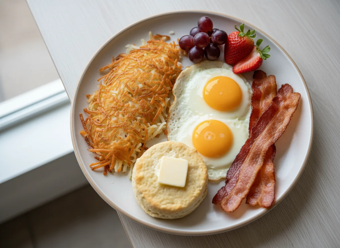 Breakfast Platter with Eggs, Bacon, Hash Browns, Biscuit, Butter, and Fruit photo