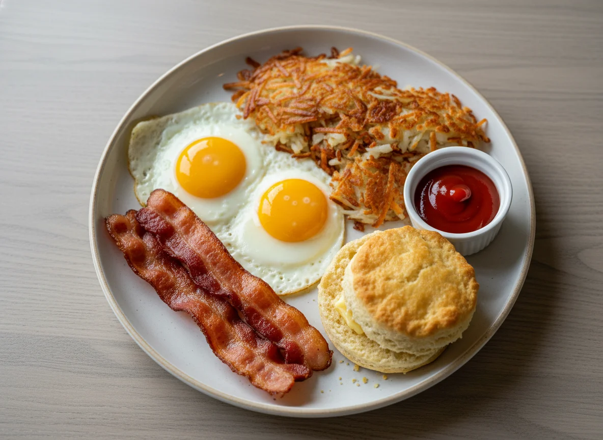 Breakfast Platter with Eggs, Bacon, Hash, Ketchup, and Biscuit photo