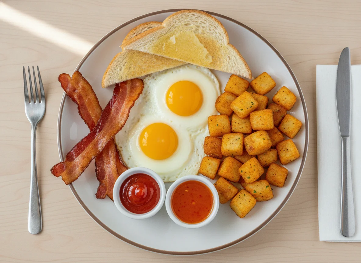 Breakfast Platter with Eggs, Bacon, Toast, and Home Fries photo
