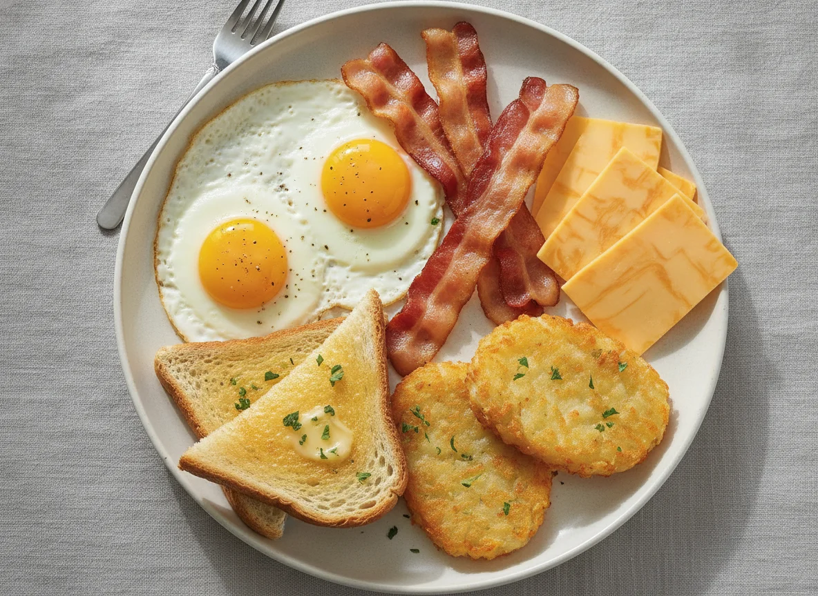 Breakfast Platter with Eggs, Bacon, Toast, Hash Browns and Cheese photo