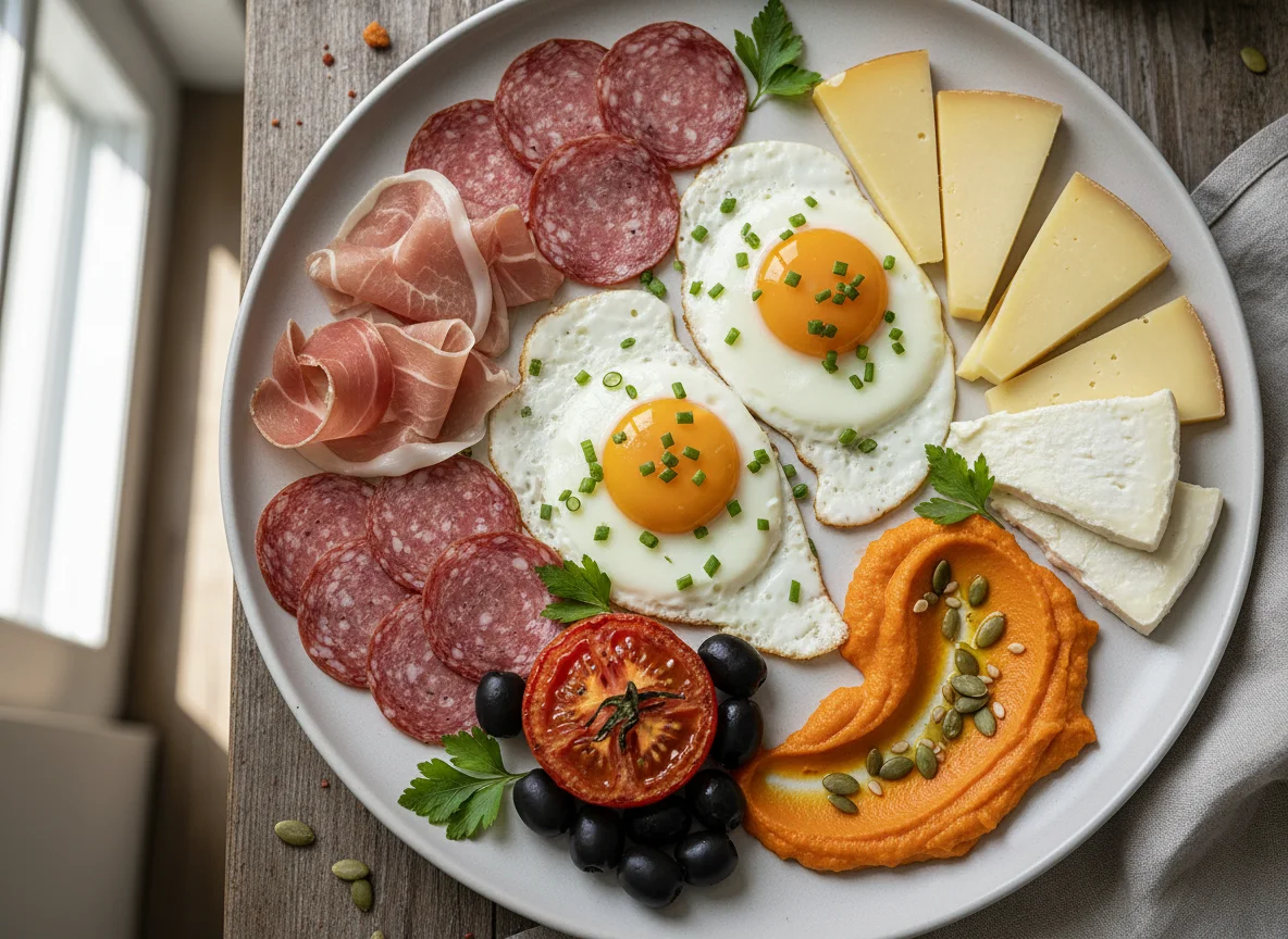 Breakfast Platter with Eggs, Cured Meats, Cheese, and Vegetables photo